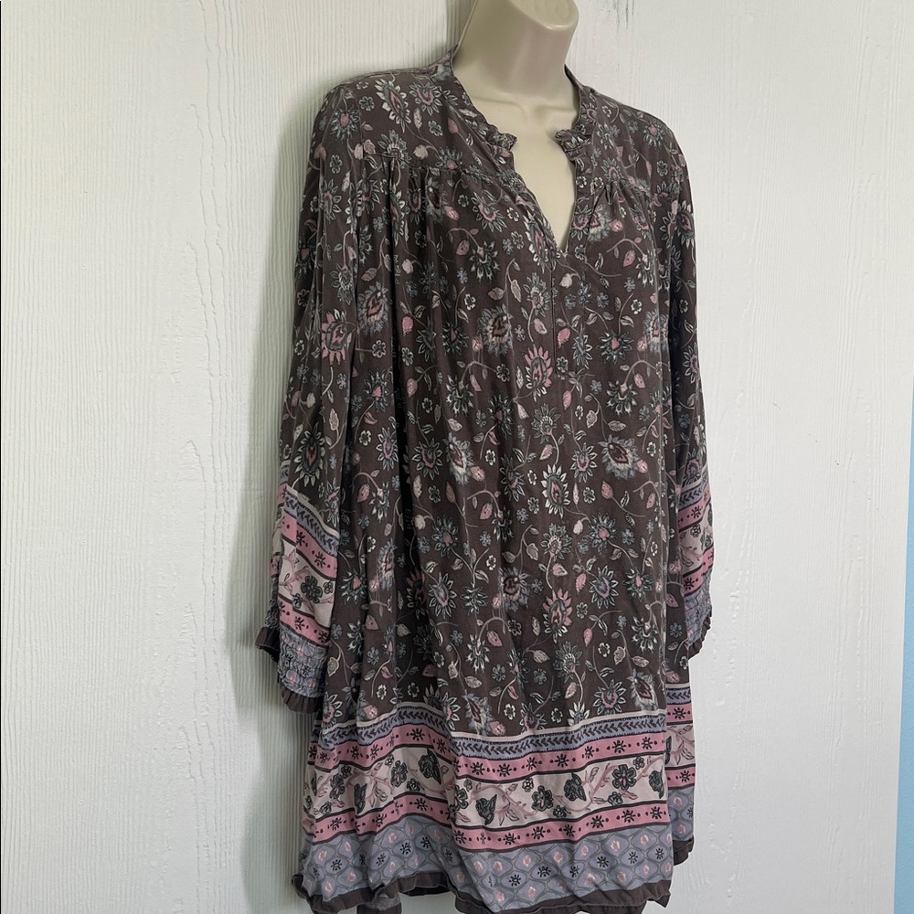 Natural Life - Colorful Burnt Out Floral V Neck Long Sleeve Bohemian Blouse Sm - Picture 3 of 13